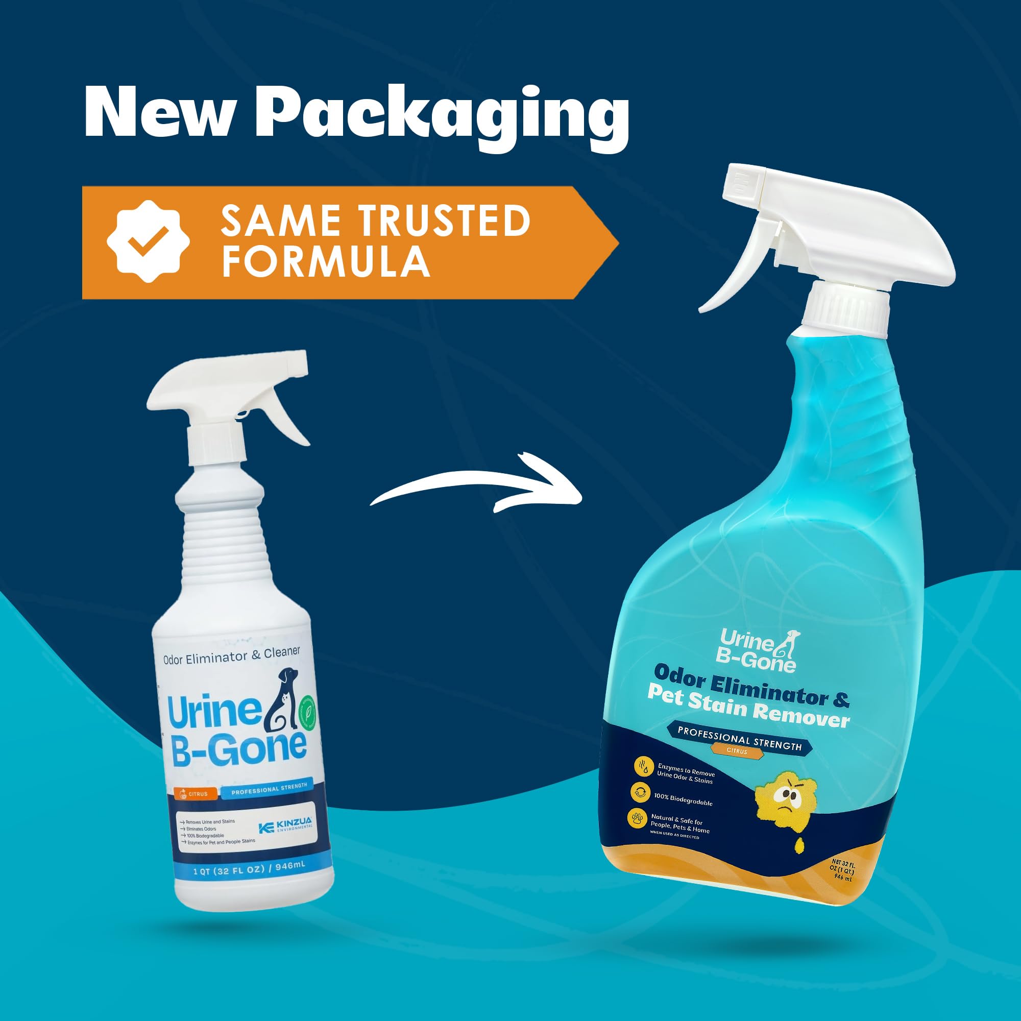 Kinzua Urine B-Gone label close-up highlighting safe, effective odor neutralization and stain removal.