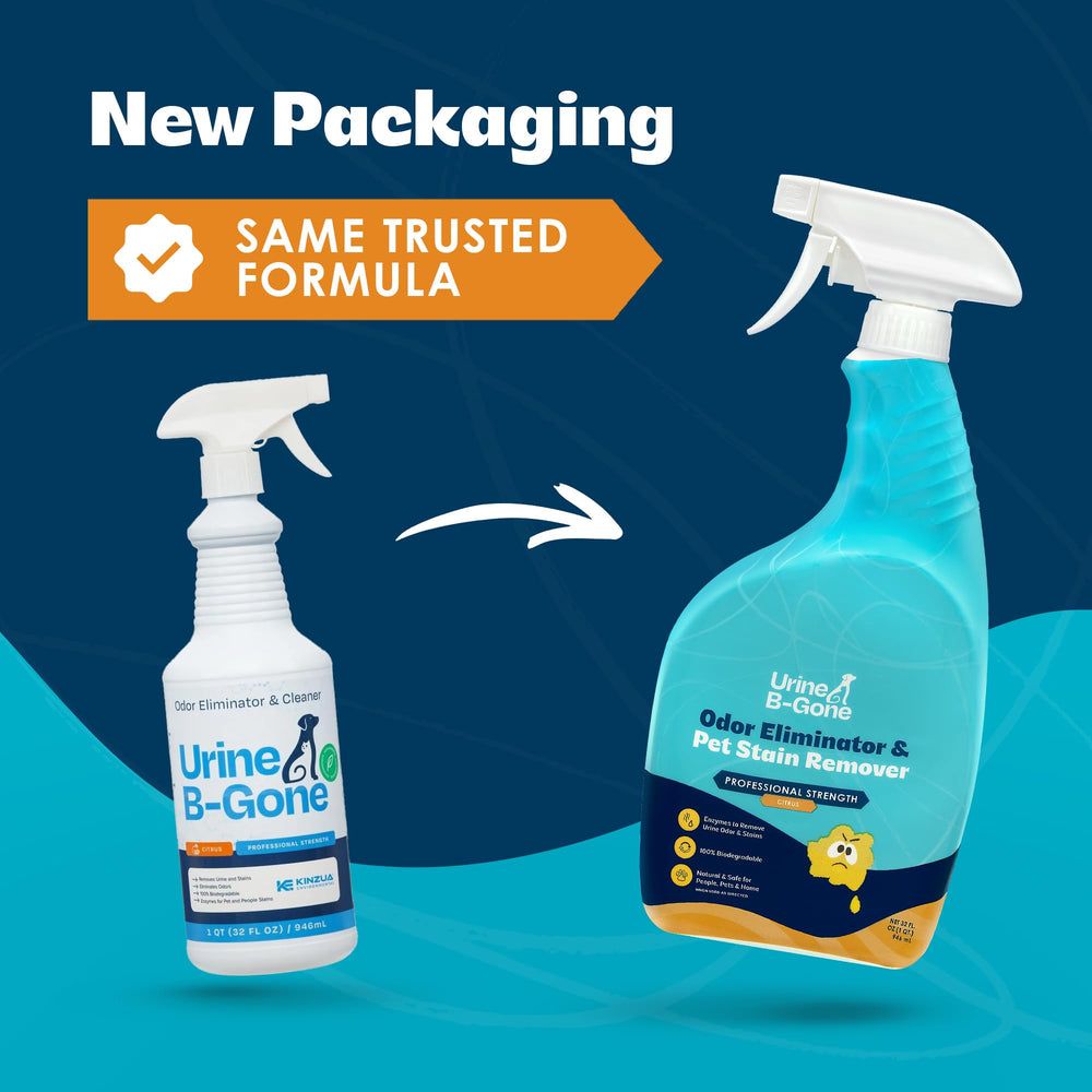 Kinzua Urine B-Gone label close-up highlighting safe, effective odor neutralization and stain removal.