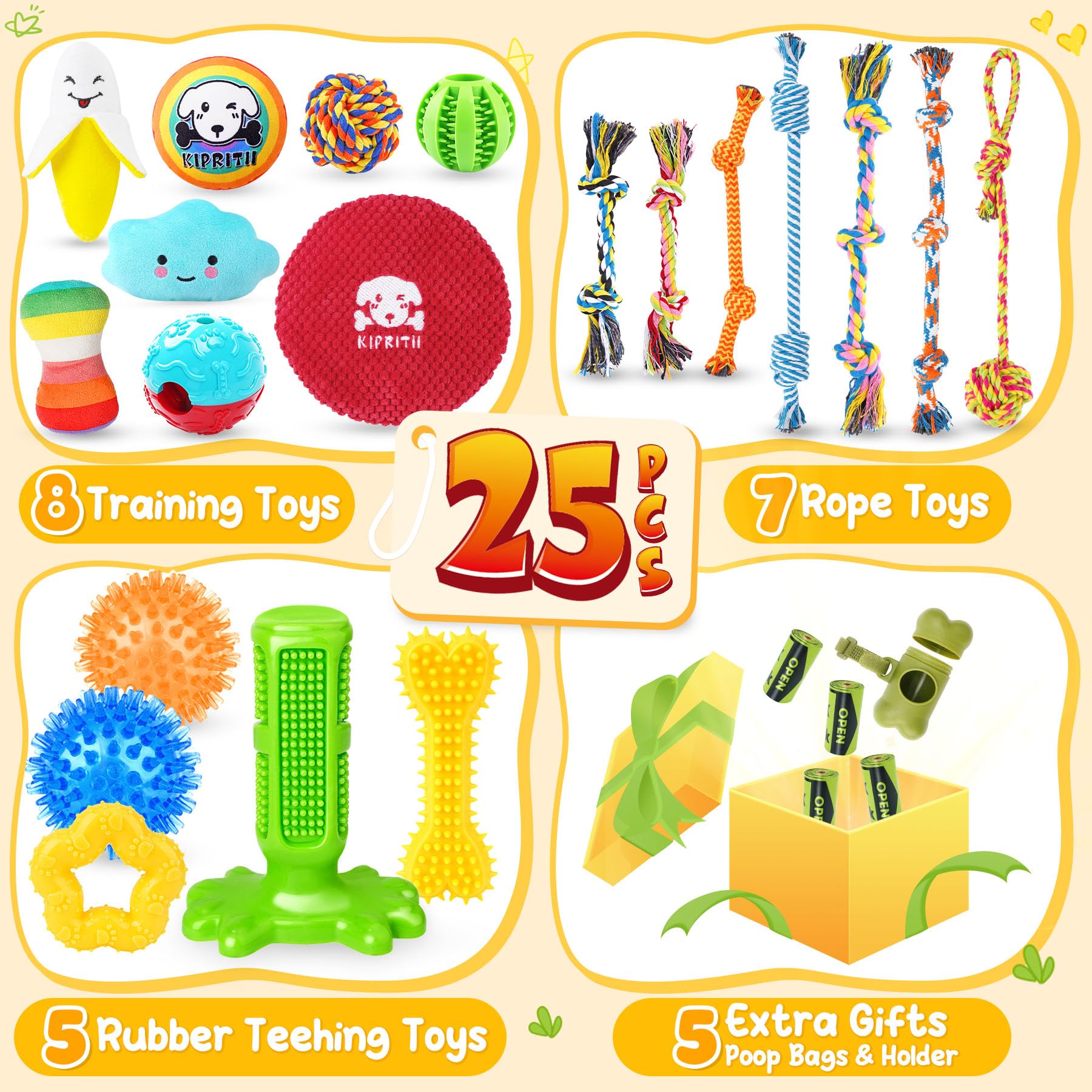 KIPRITII dog toys set with 4 squeaky plush toys for curious pups and engagement.