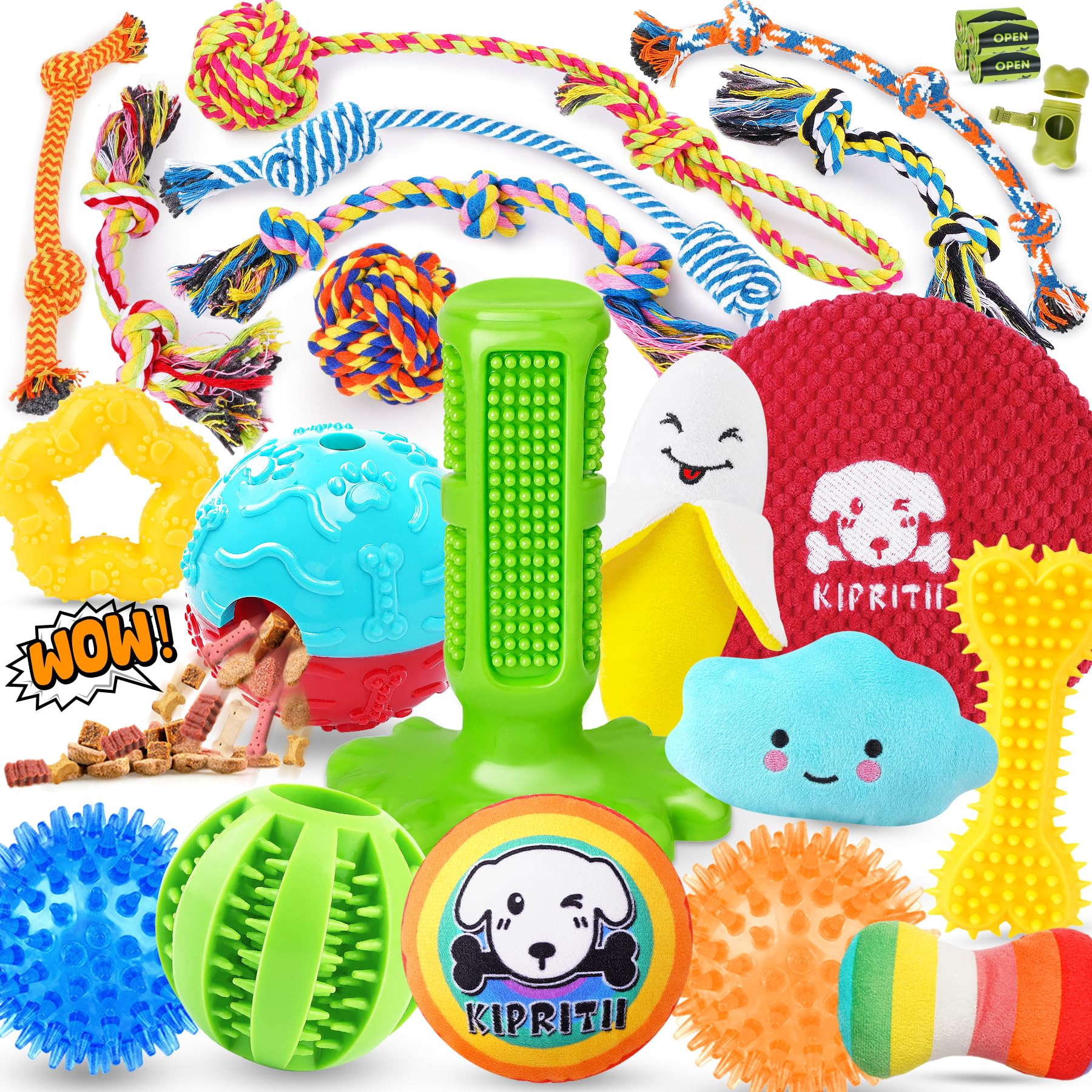 KIPRITII dog toys set with 8 cotton rope toys for tugging, teething relief, and interactive play.