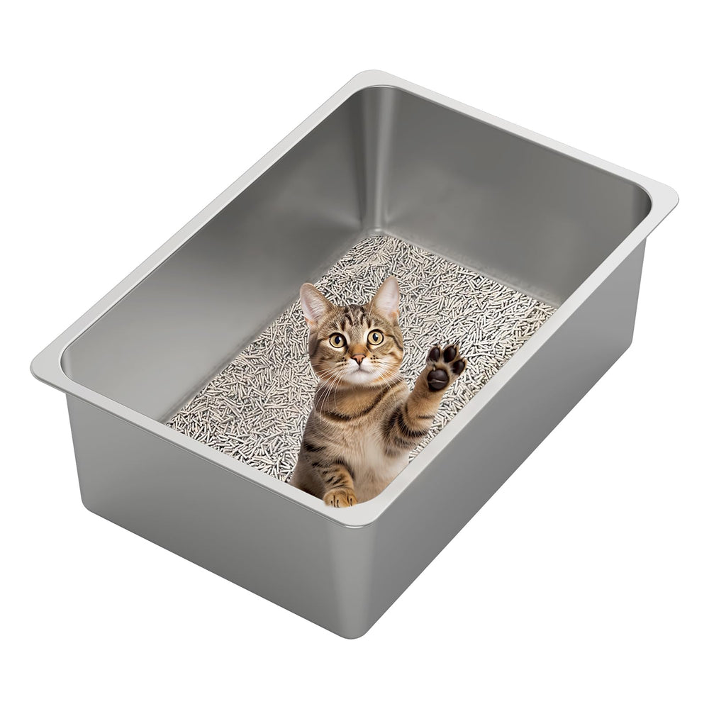 Kirecoo open-top stainless steel cat litter box viewed from top, spacious interior for comfortable use.