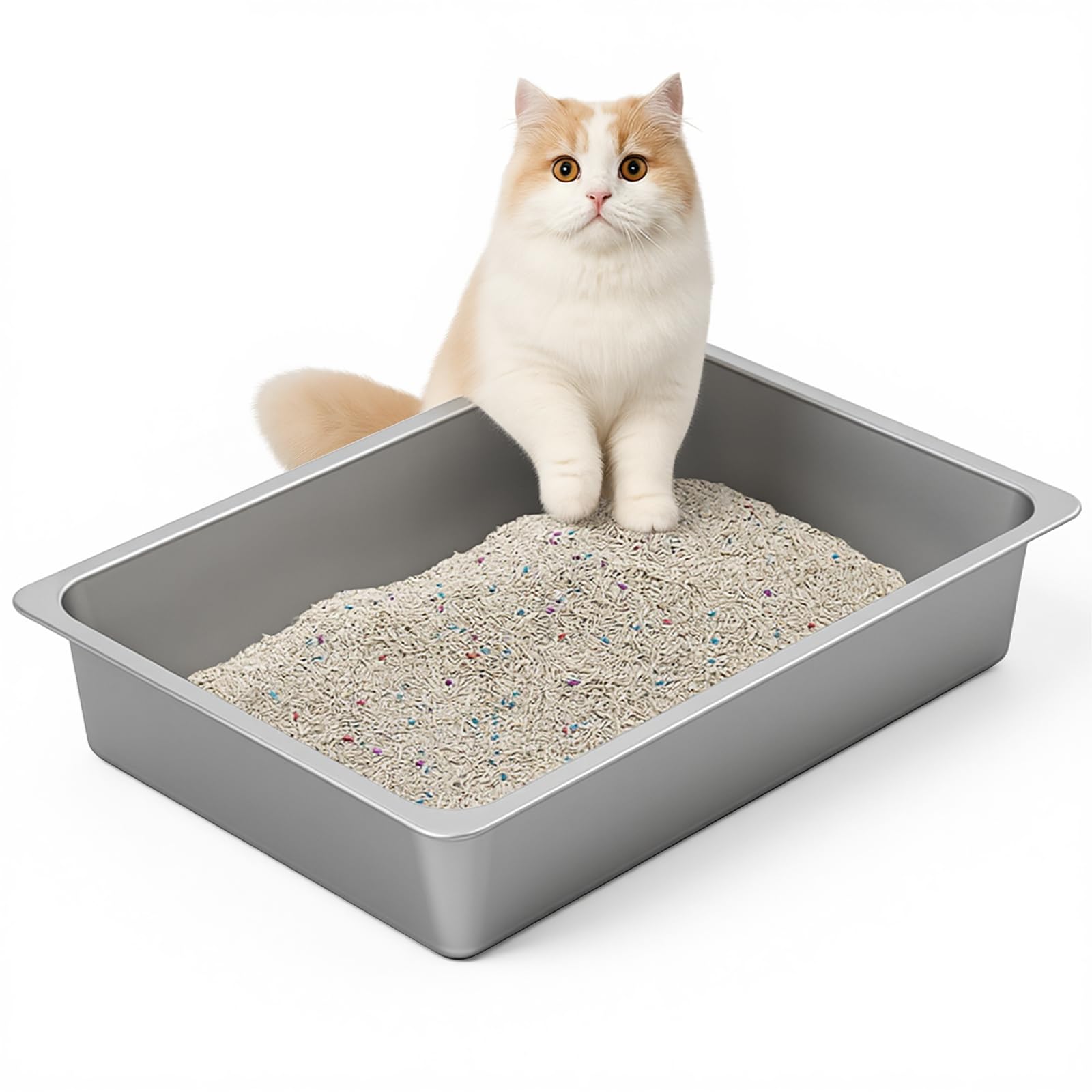Kirecoo open-top stainless steel litter box for easy entry and quick cleaning.
