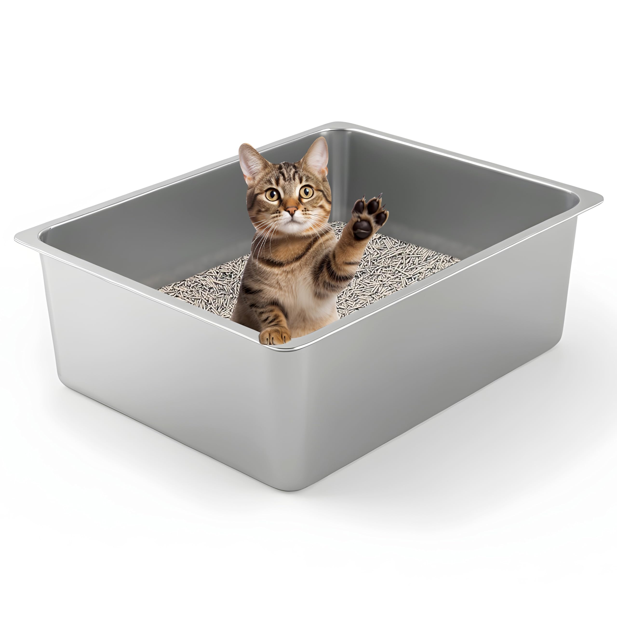 Kirecoo stainless steel cat litter box with open top for anxiety-free entry.