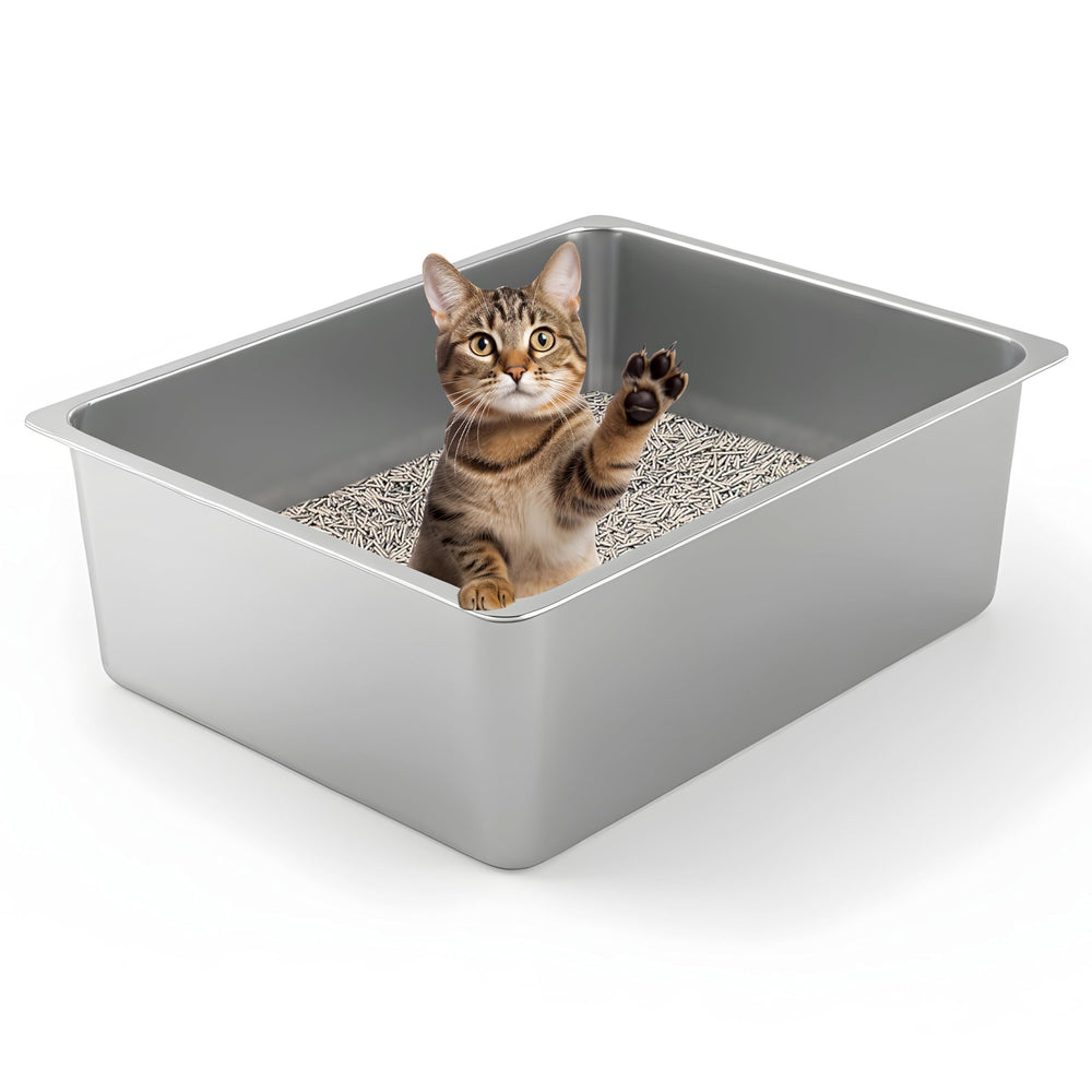 Kirecoo stainless steel cat litter box with open top for anxiety-free entry.