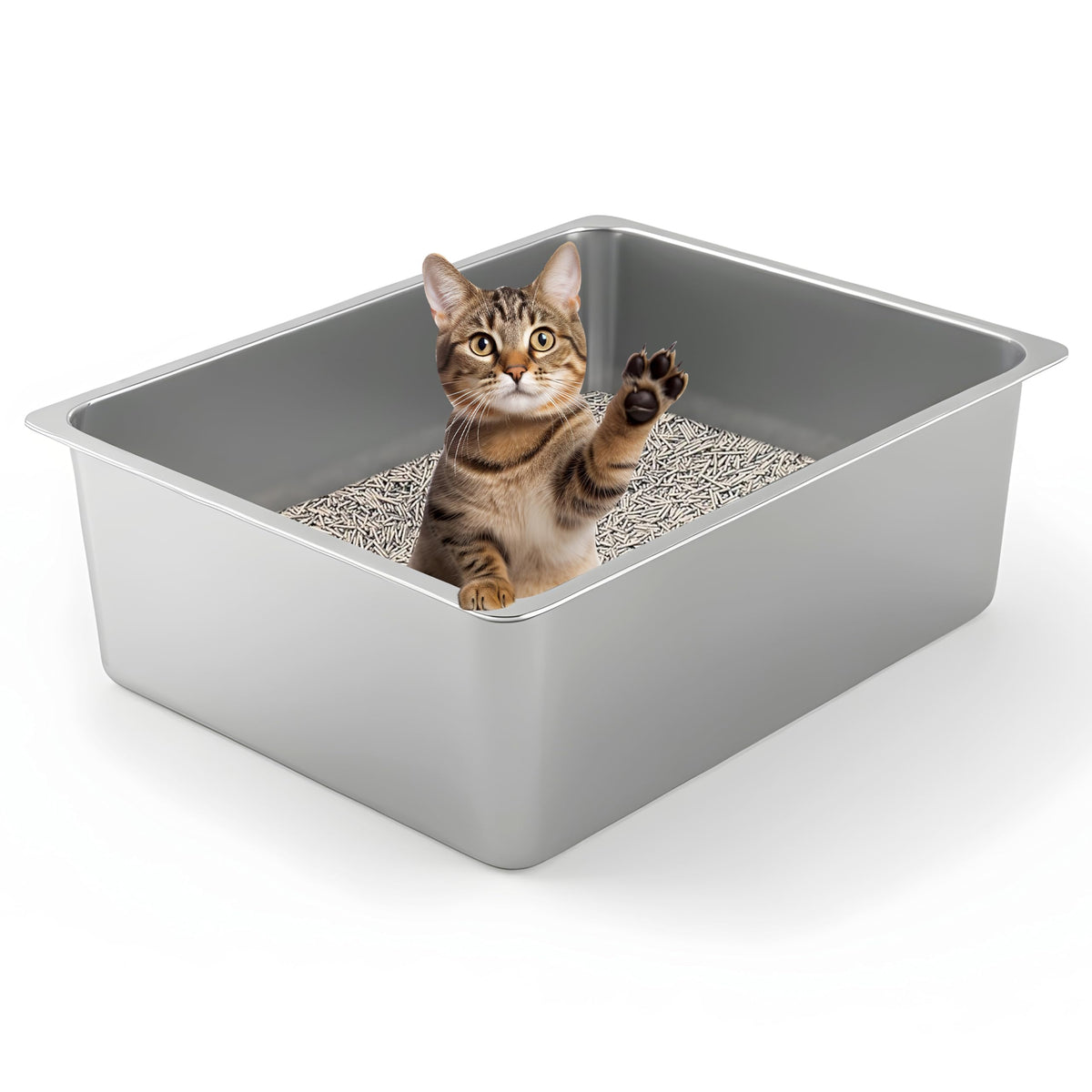 Kirecoo stainless steel cat litter box with open top for anxiety-free entry.