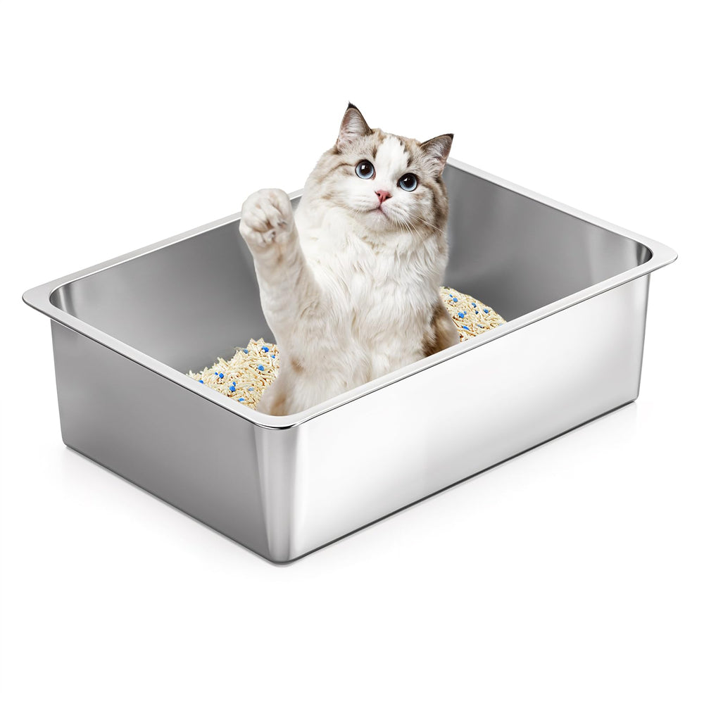 Kirecoo open-top stainless steel litter box with easy entry for cats.