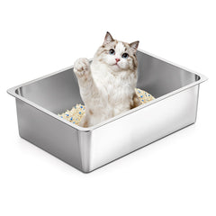 Kirecoo open-top stainless steel litter box with easy entry for cats.