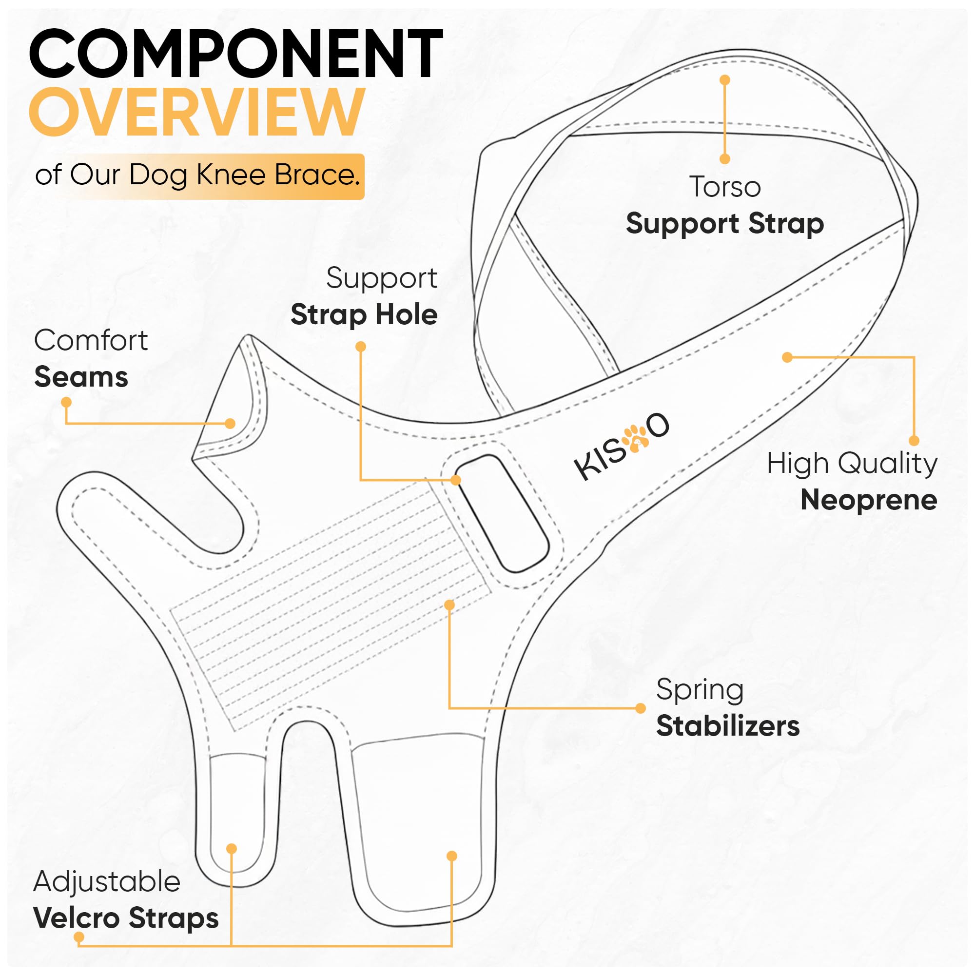 KISAO dog knee brace back view provides secure hind leg support for movement.
