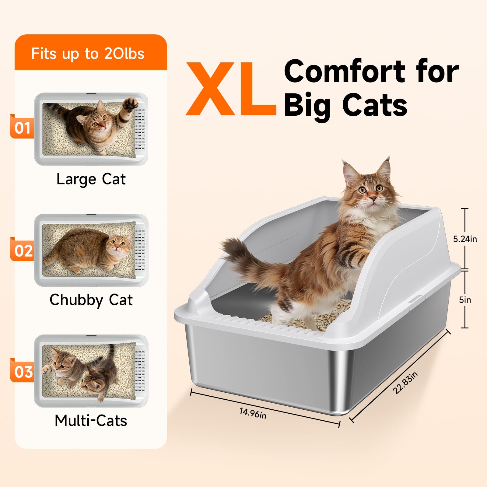 KISENG 2Pack stainless steel cat litter box, side view highlighting high sides for containment