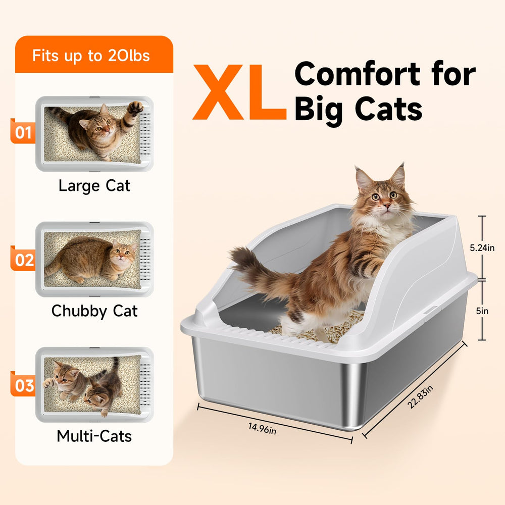 KISENG 2Pack stainless steel cat litter box, side view highlighting high sides for containment