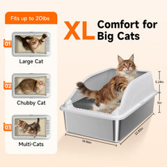 KISENG 2Pack stainless steel cat litter box, side view highlighting high sides for containment
