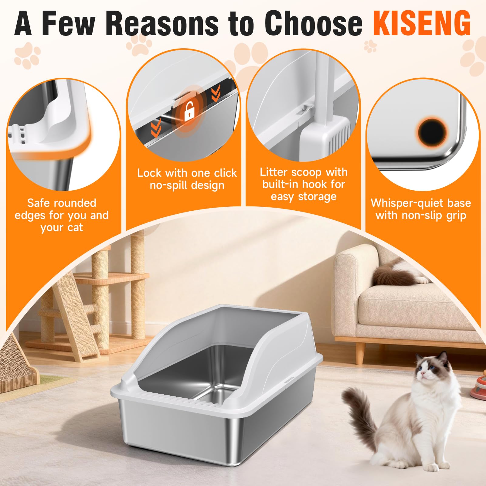 KISENG 2Pack stainless steel litter box with non-slip pads for stable placement