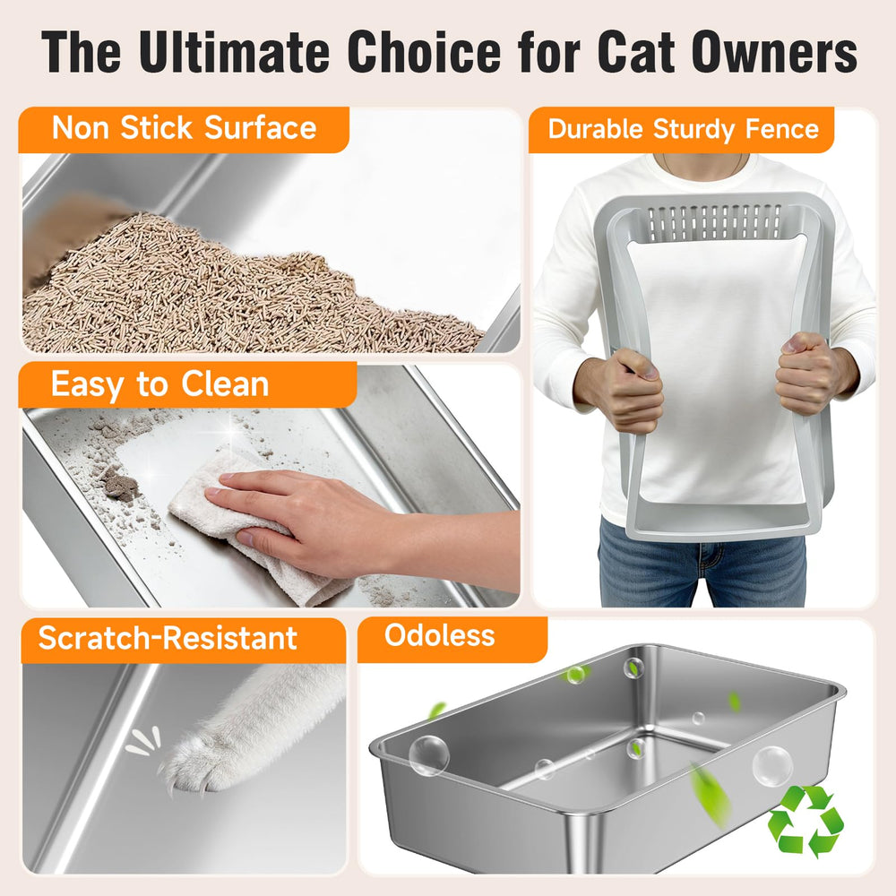 KISENG 2Pack stainless steel litter box with overlap rim for tidy floors