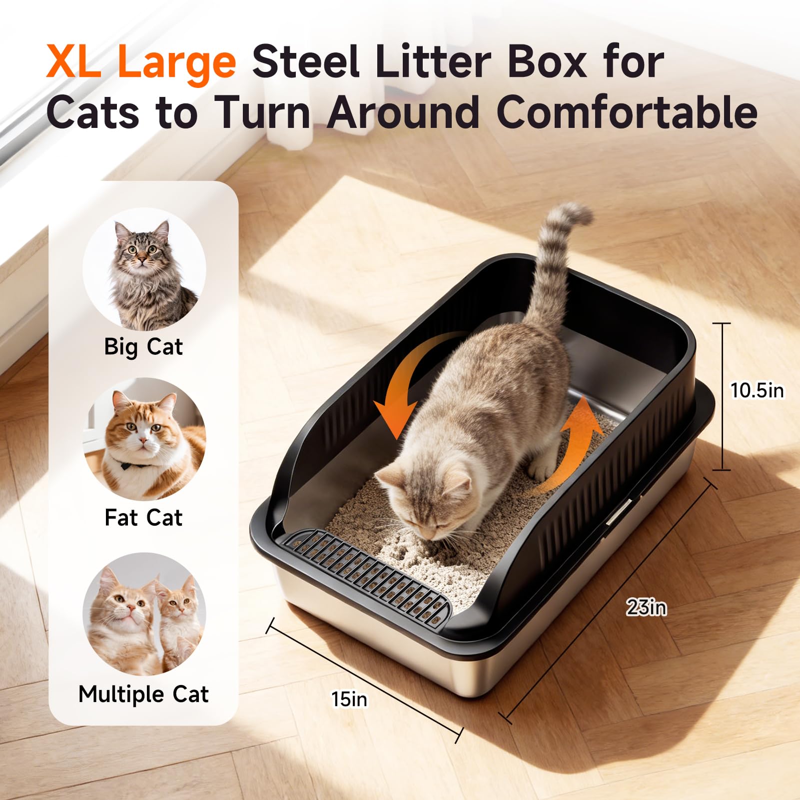 KISENG stainless steel litter box high sides minimizes spills and scatter.