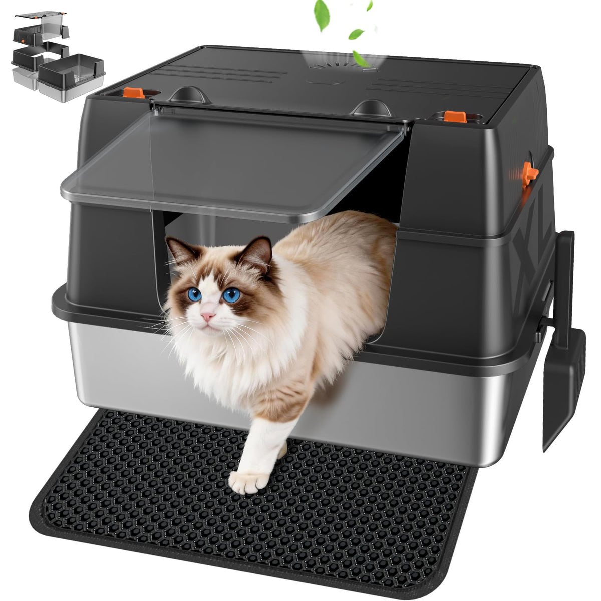 KISENG stainless steel litter box with lid for easy cleaning and odor control.
