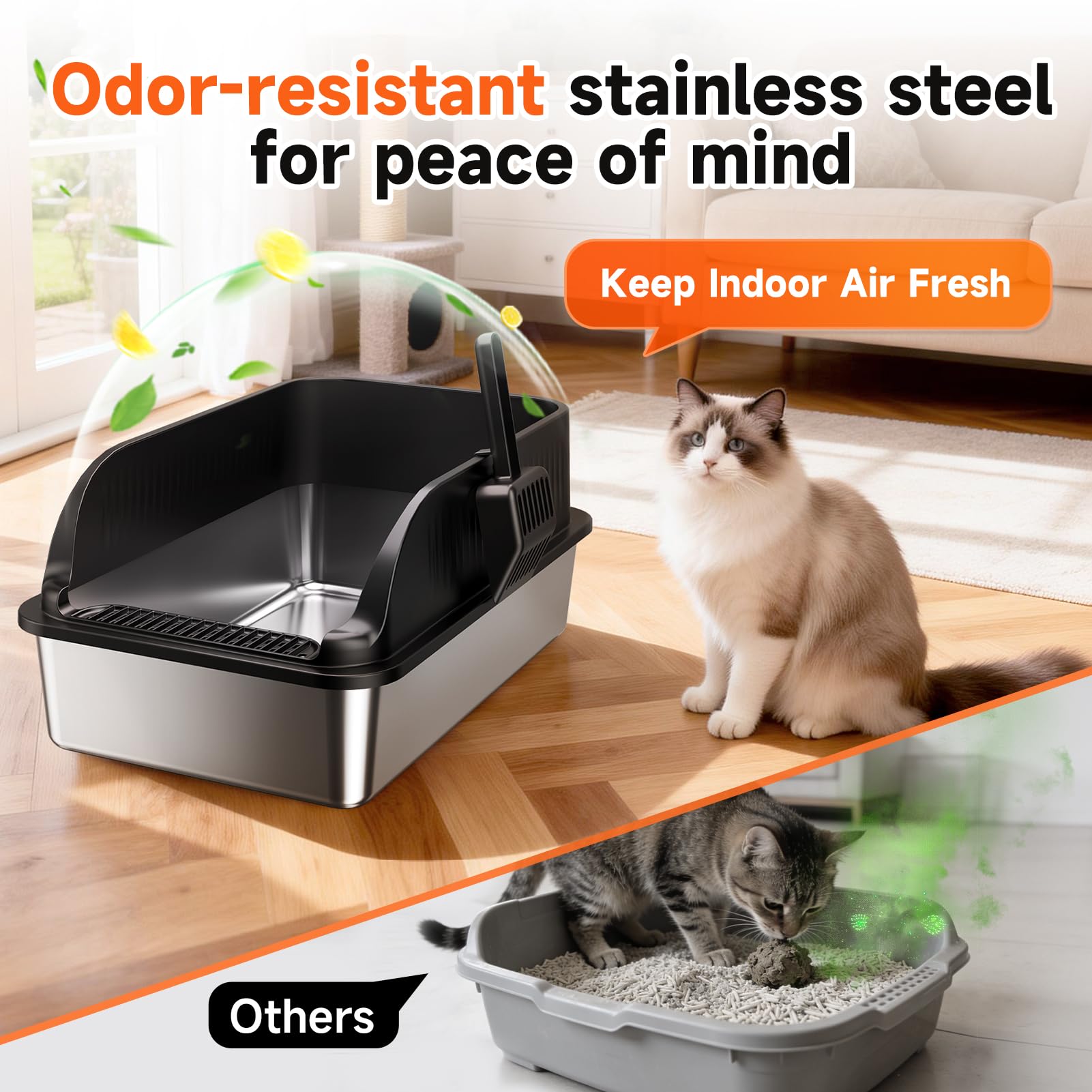 KISENG odor-resistant metal litter box helps keep home smelling fresh.