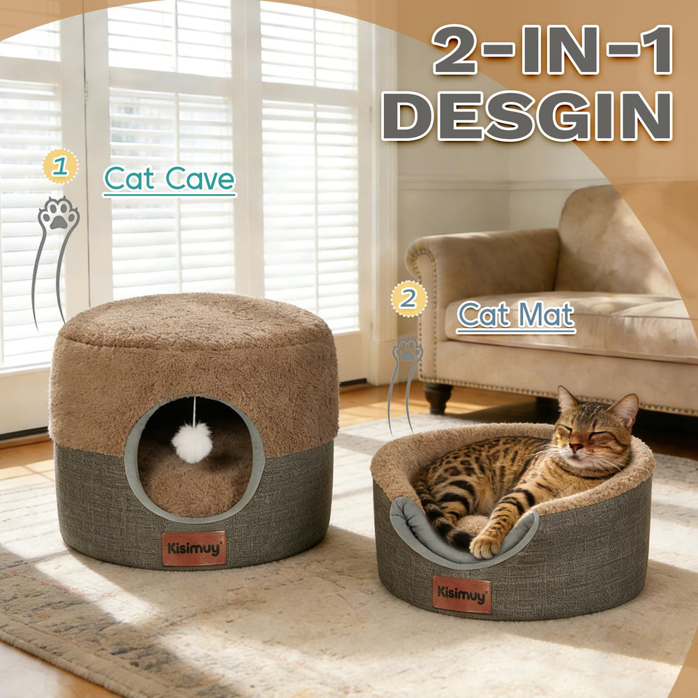 KISIMUY cat bed cave open lounge showing dual-use design for indoor cats.