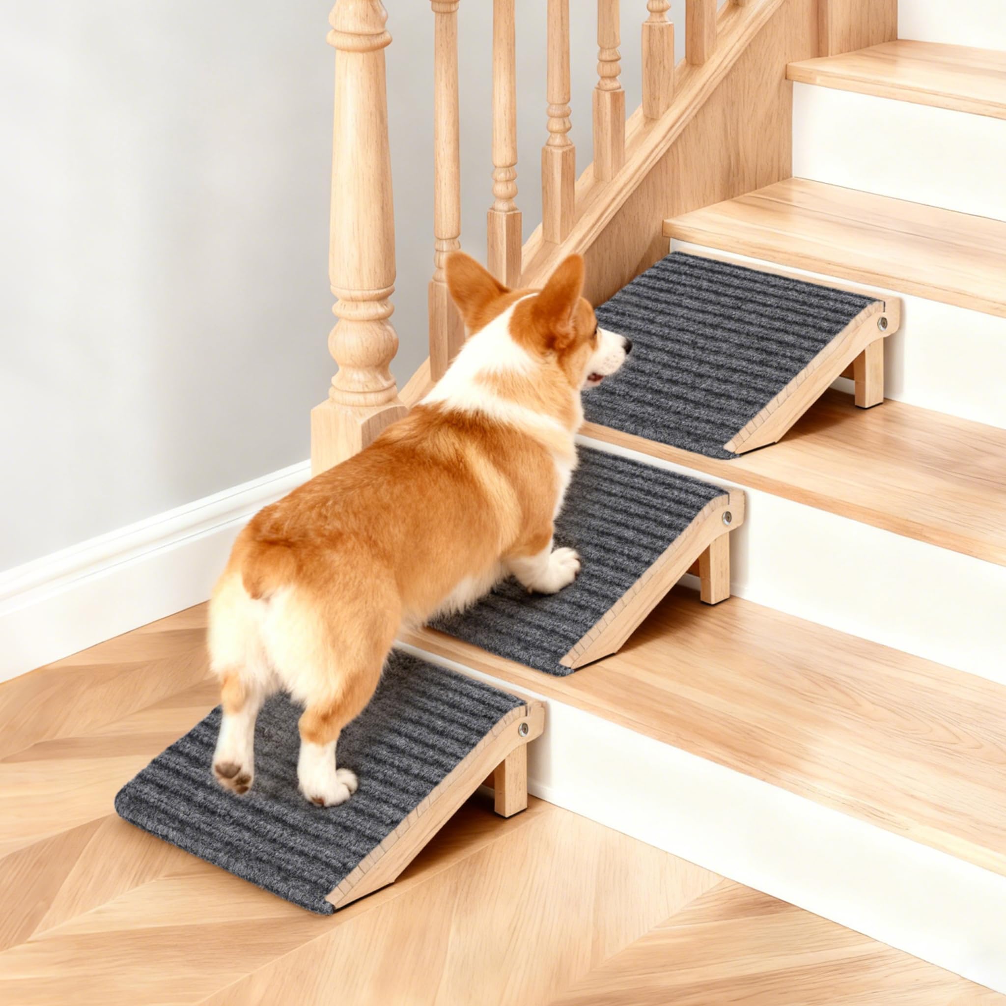 KISIMUY solid wood dog ramp with sturdy stairs for easy pet access.