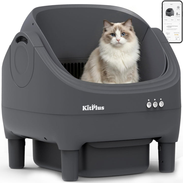 KITPLUS self-cleaning litter box with open-top design for easy, stress-free cat toileting.