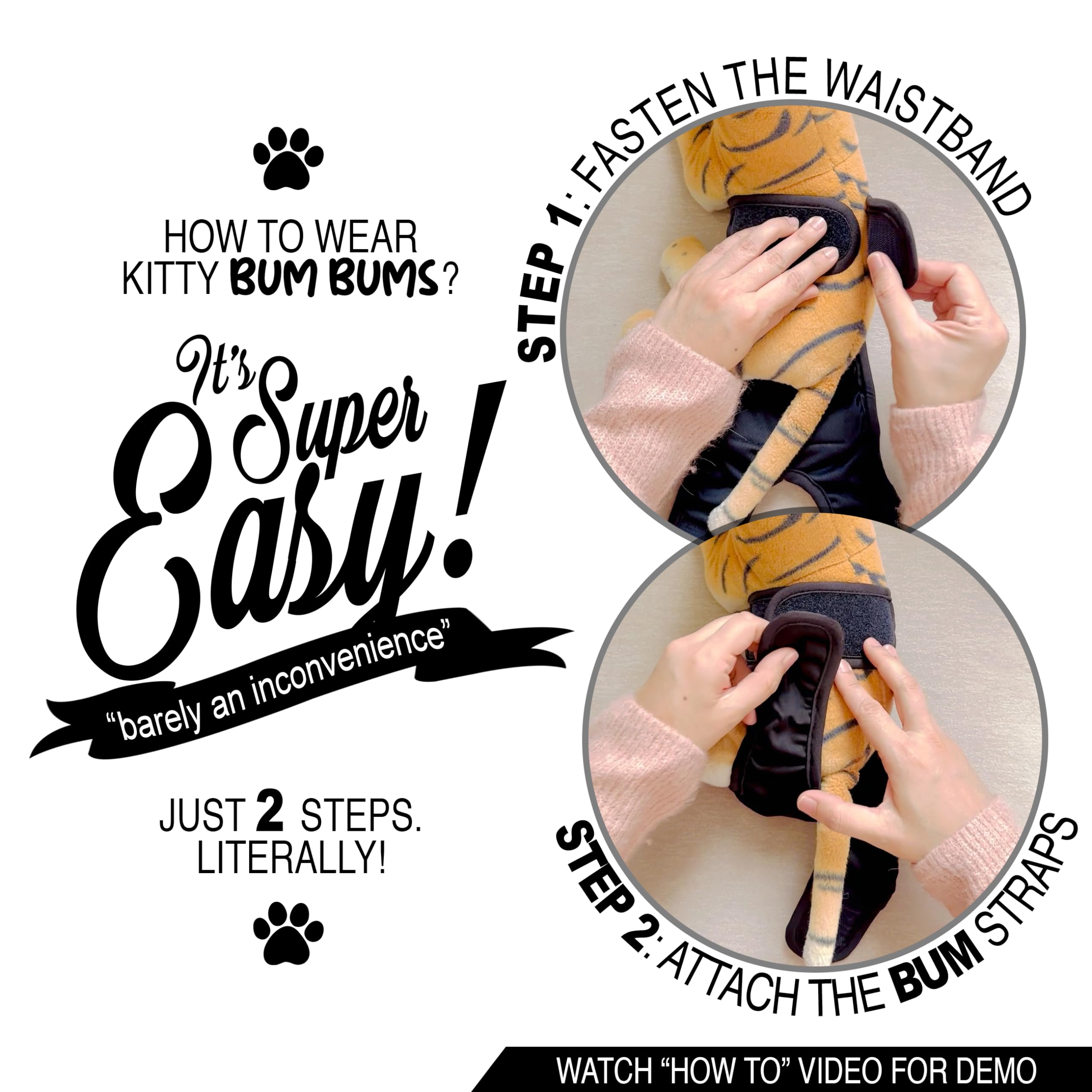 Kitty BumBums adjustable tabs accommodate various cat shapes for reliable wear.
