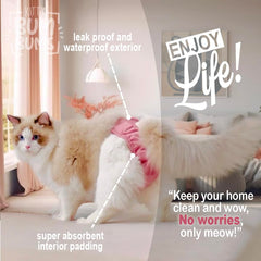 Kitty BumBums diaper shows waterproof outer layer protecting floors during marking.