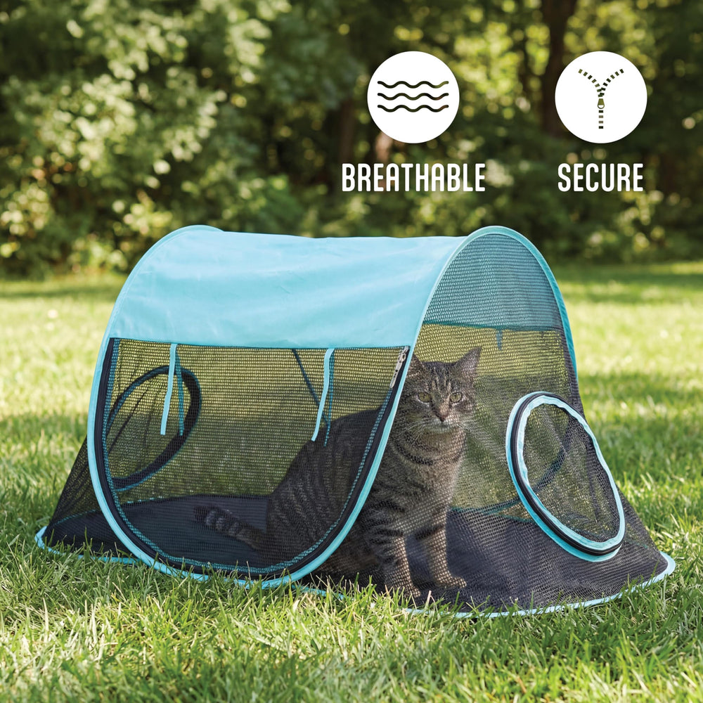 Kitty City portable enclosure on balcony and yard for indoor-outdoor play.
