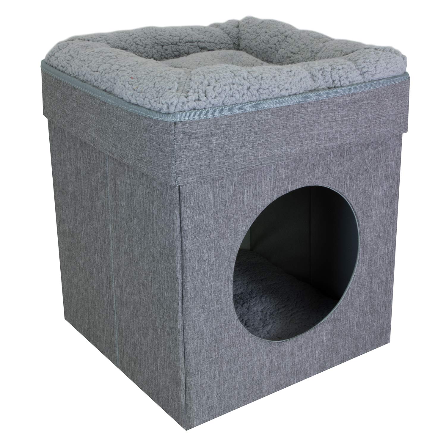 Kitty City Indoor Cat Cube gray front view shows a private cave and top perch for lounging