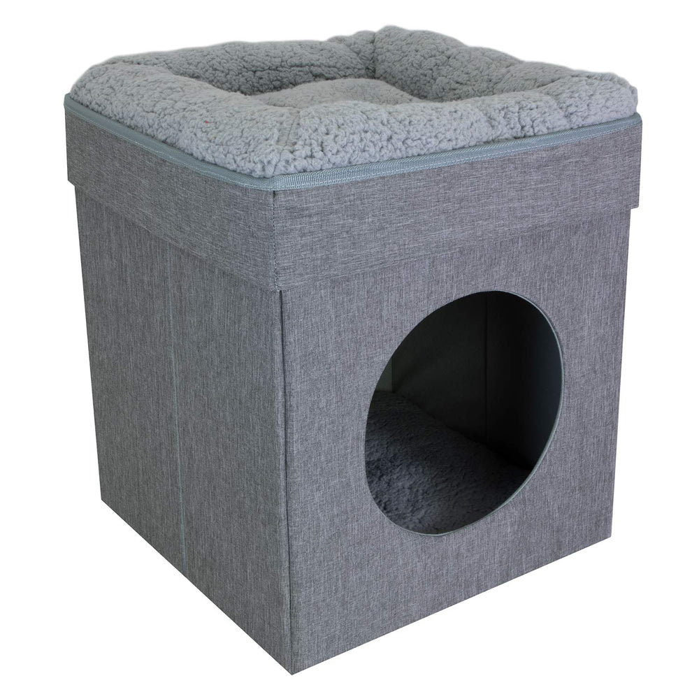 Kitty City Indoor Cat Cube gray front view shows a private cave and top perch for lounging