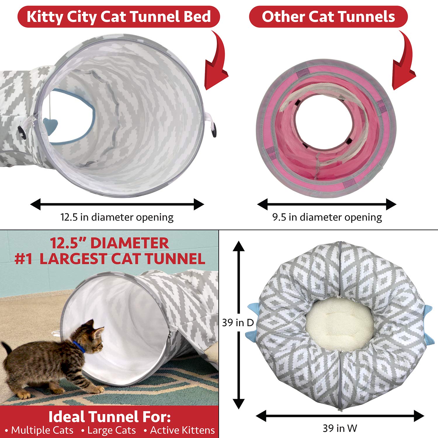 Kitty City easy-assembly tunnel bed folds flat for storage.