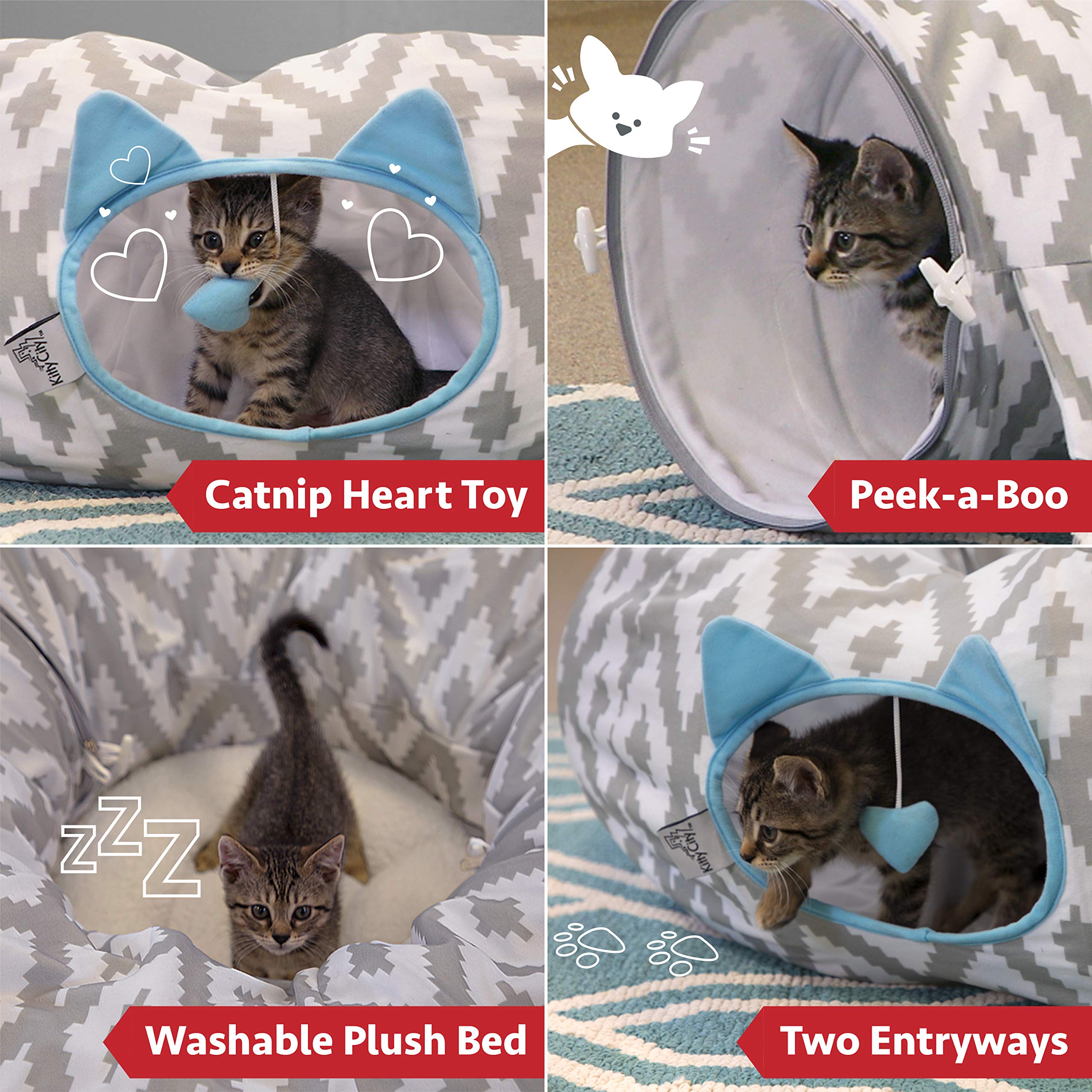 Kitty City Large Cat Tunnel Bed with hanging toys for extra enrichment.