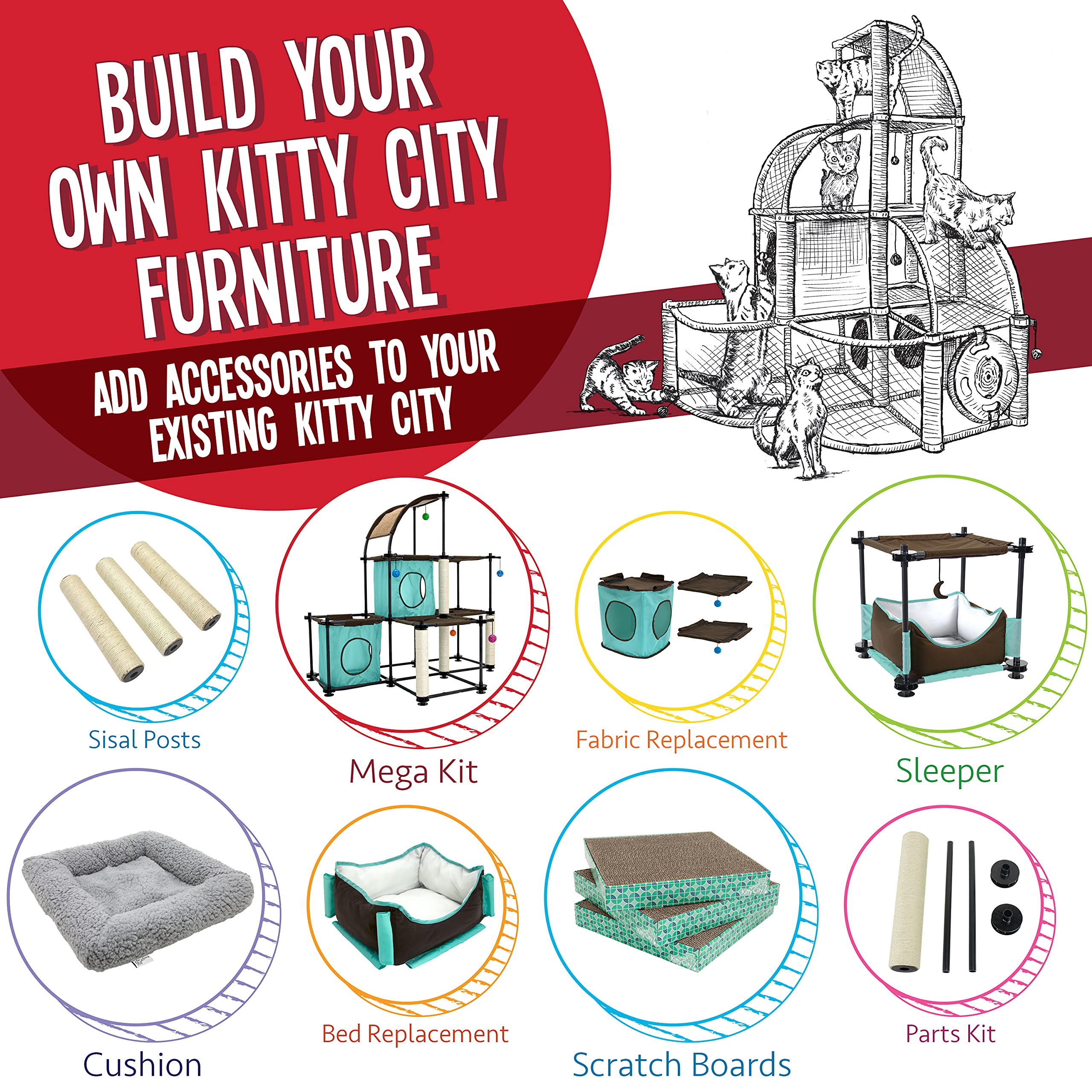 Kitty City Mega Kit: multi-cat play area ready for exploration.