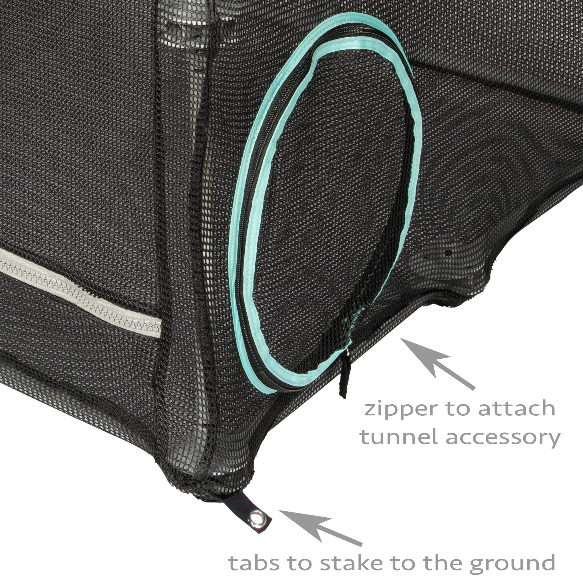 Kitty City cover with ground-stake tabs stabilizes the catio for outdoor use.