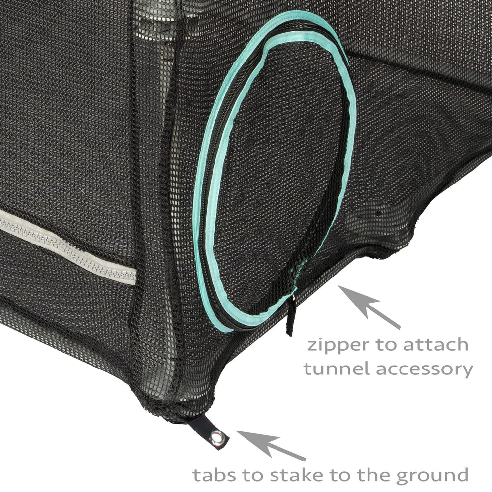 Kitty City cover with ground-stake tabs stabilizes the catio for outdoor use.