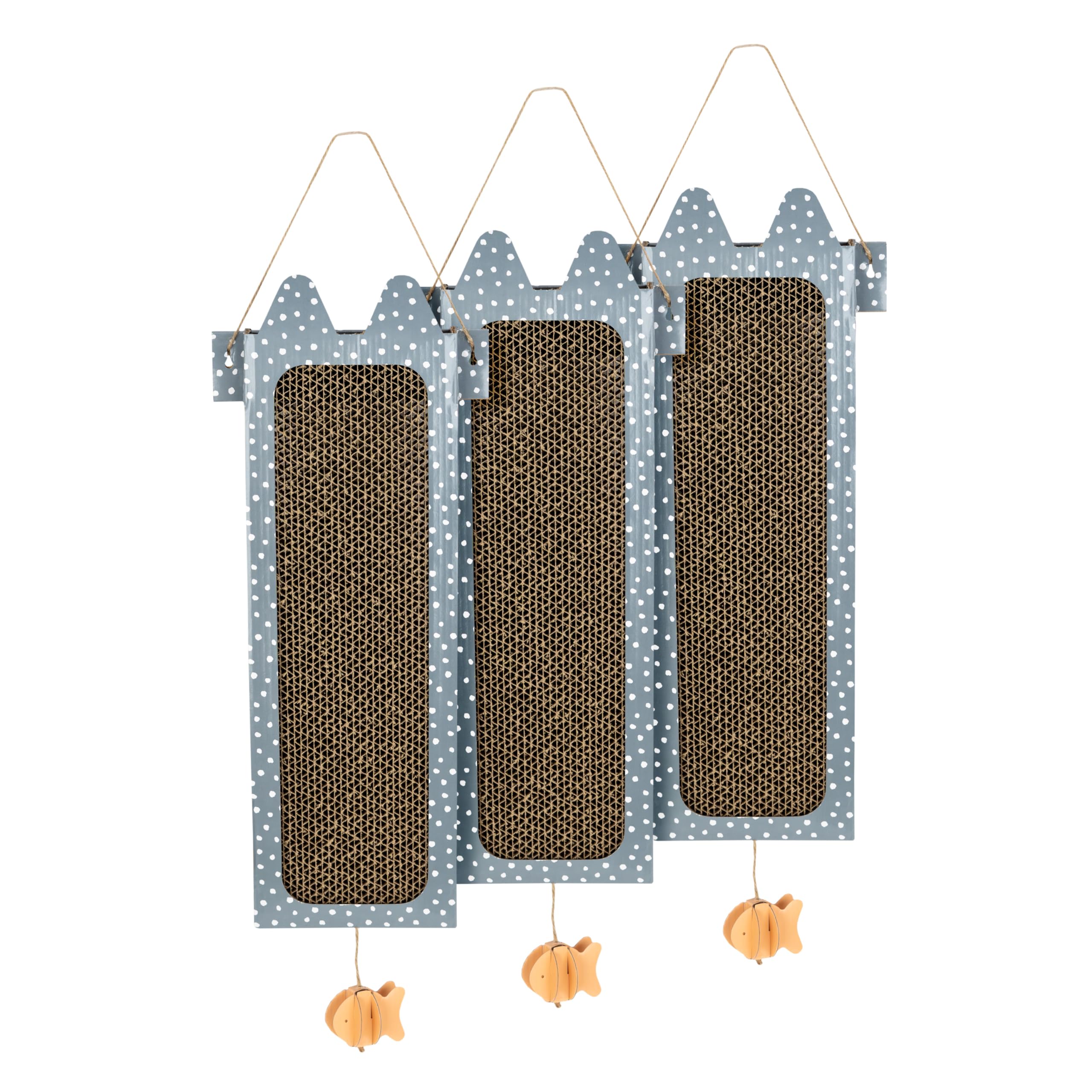 Kitty City reversible hanging scratcher triple-pack ready for wall display, encouraging scratching with eco-friendly cardboard
