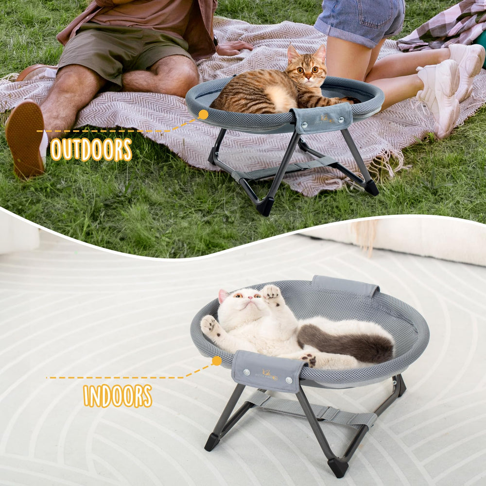 KITTY KINGDOM indoor-outdoor bed supports versatile use at home or on the go.
