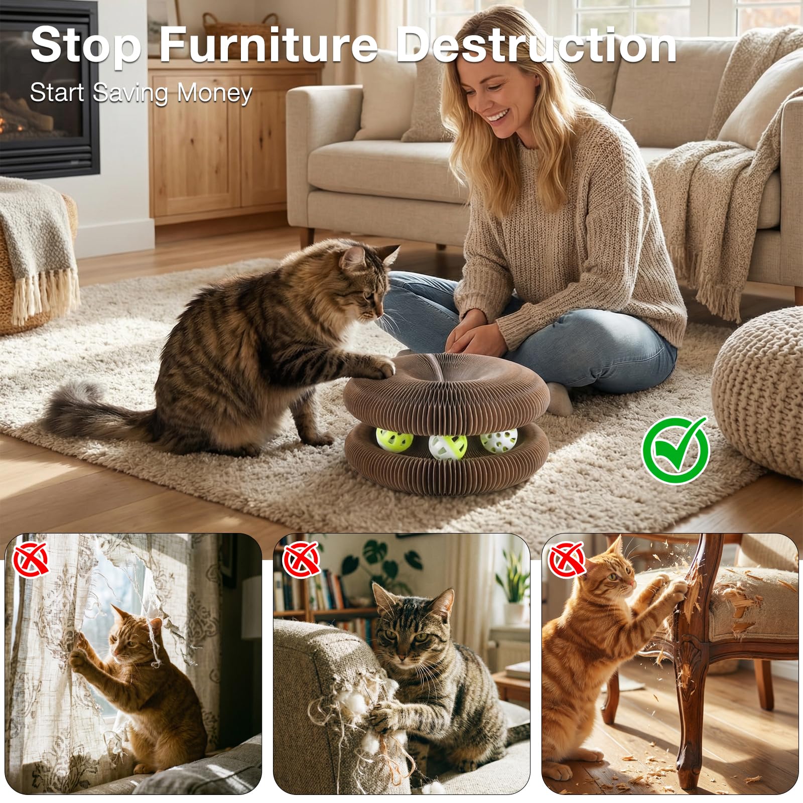 Kitty Kurlz round scratcher encourages safe scratching and nail care.