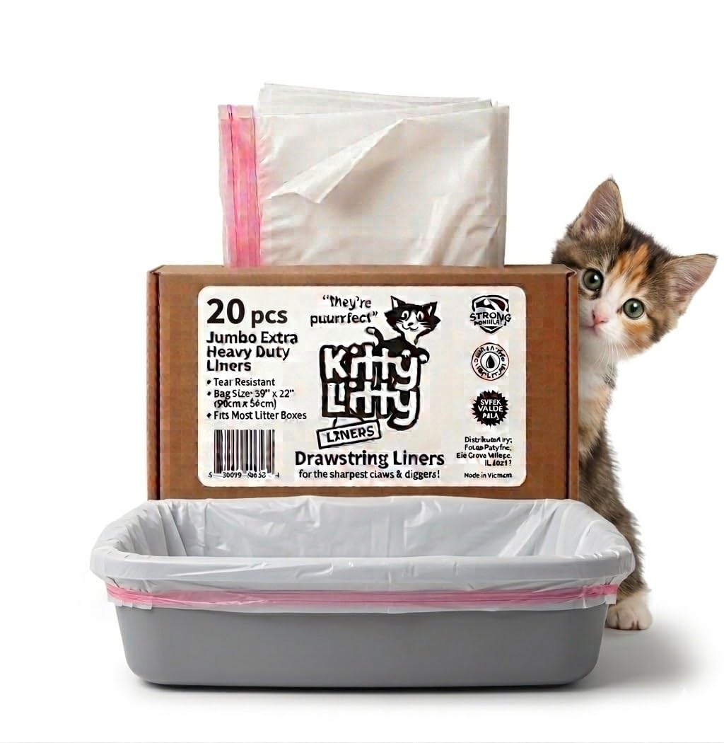 Kitty Litty extra-heavy-duty jumbo liner for litter boxes with secure drawstring closure.