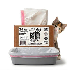 Kitty Litty extra-heavy-duty jumbo liner for litter boxes with secure drawstring closure.