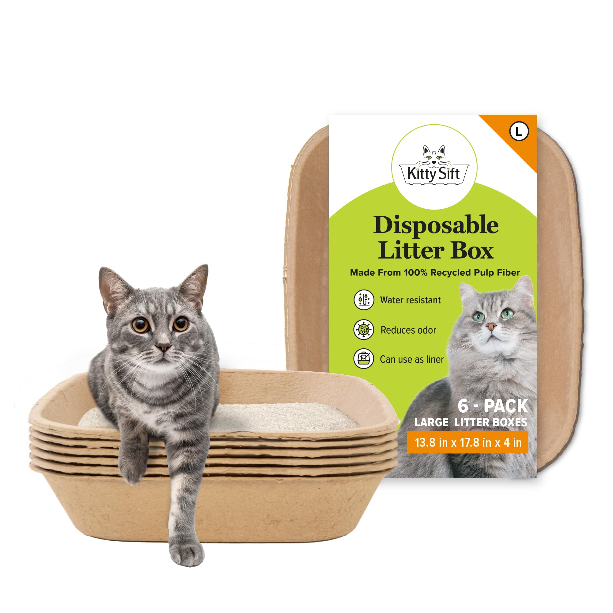 Kitty Sift large disposable cat litter box front view shows easy access for busy households.