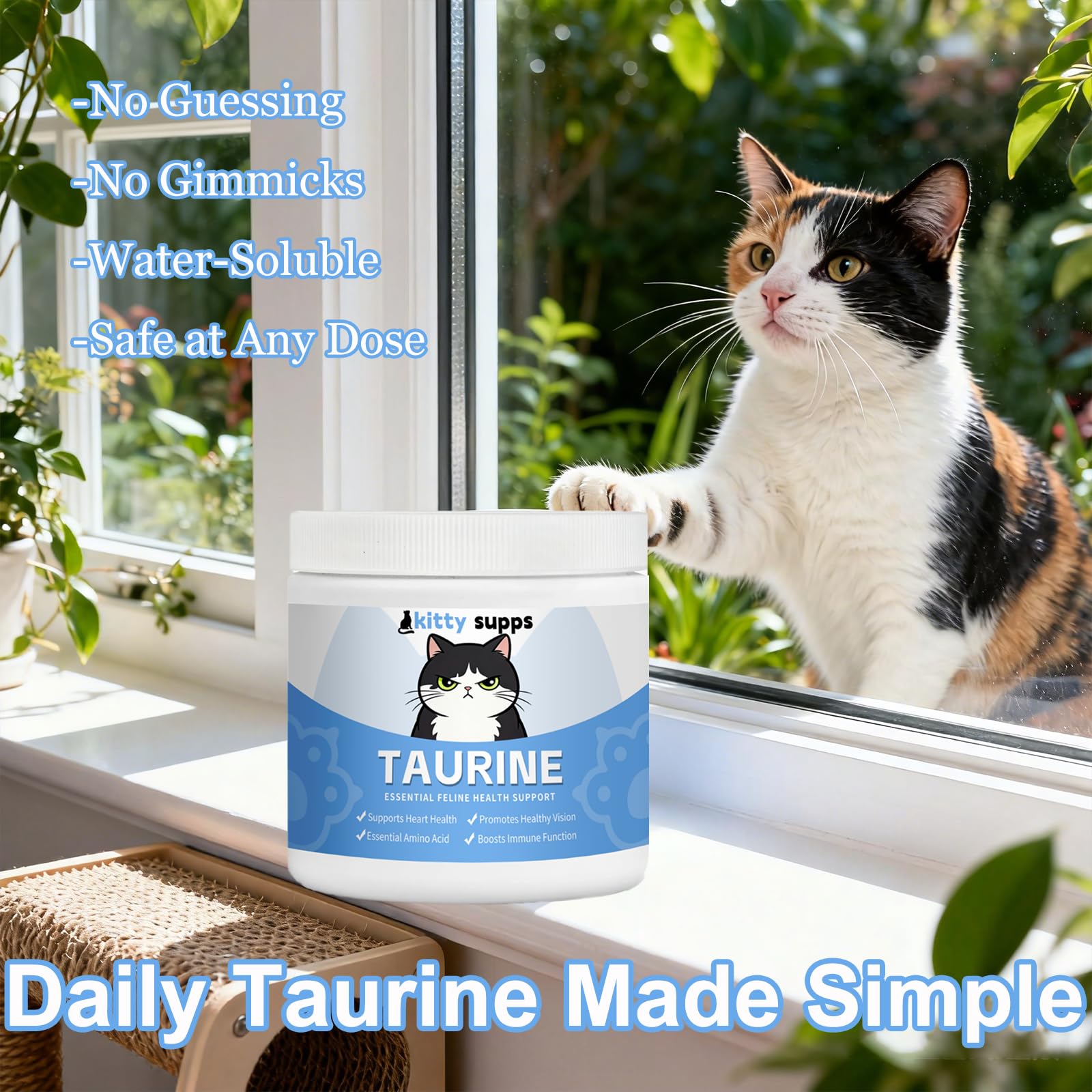 Kitty Supps Taurine value packaging highlighting long-lasting supply.