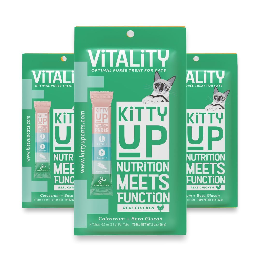 Kitty Up Vitality Chicken Puree Tube closeup showing real chicken texture for cats