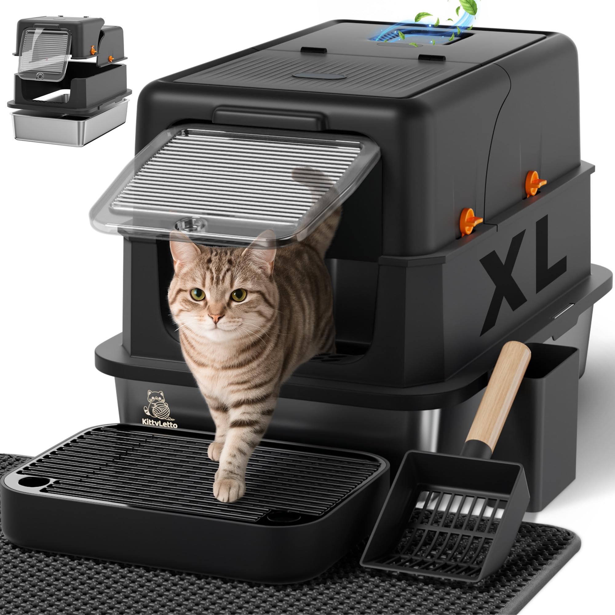 KittyLetto stainless litter box full enclosed lid for privacy and mess containment.