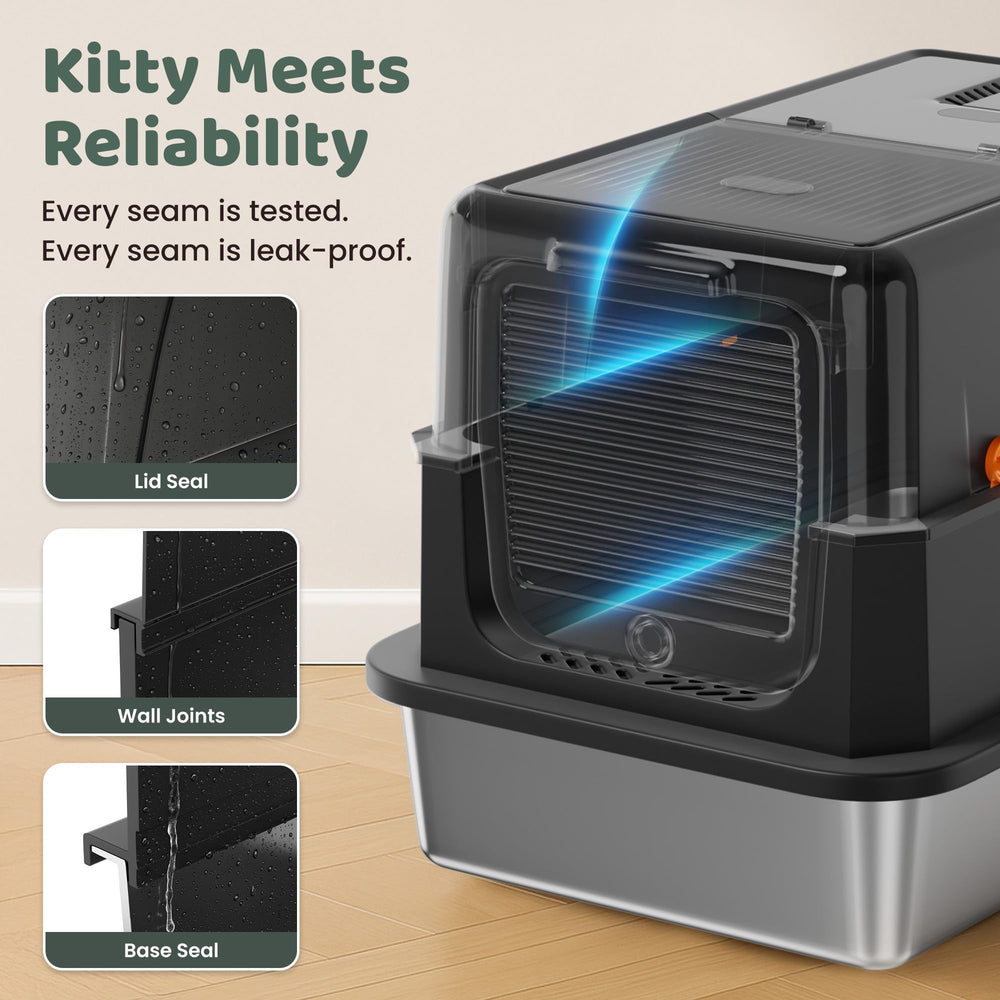 KittyLetto stainless litter box semi-low setup offers easy access for relaxed cats.