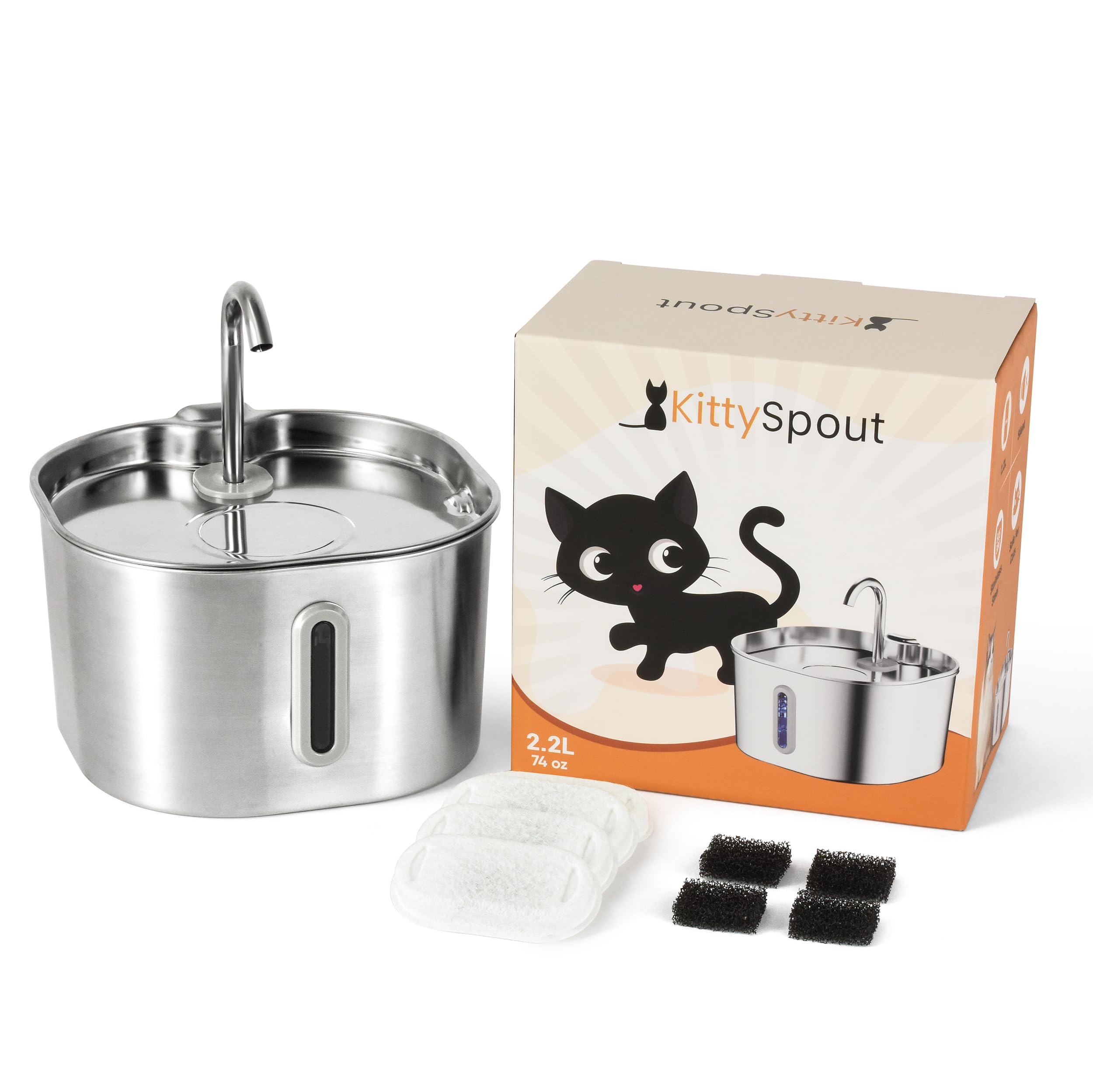 KittySpout stainless steel cat water fountain shown for durable daily hydration.