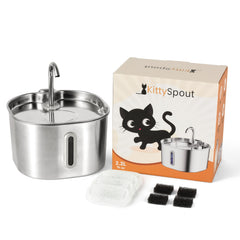 KittySpout stainless steel cat water fountain shown for durable daily hydration.