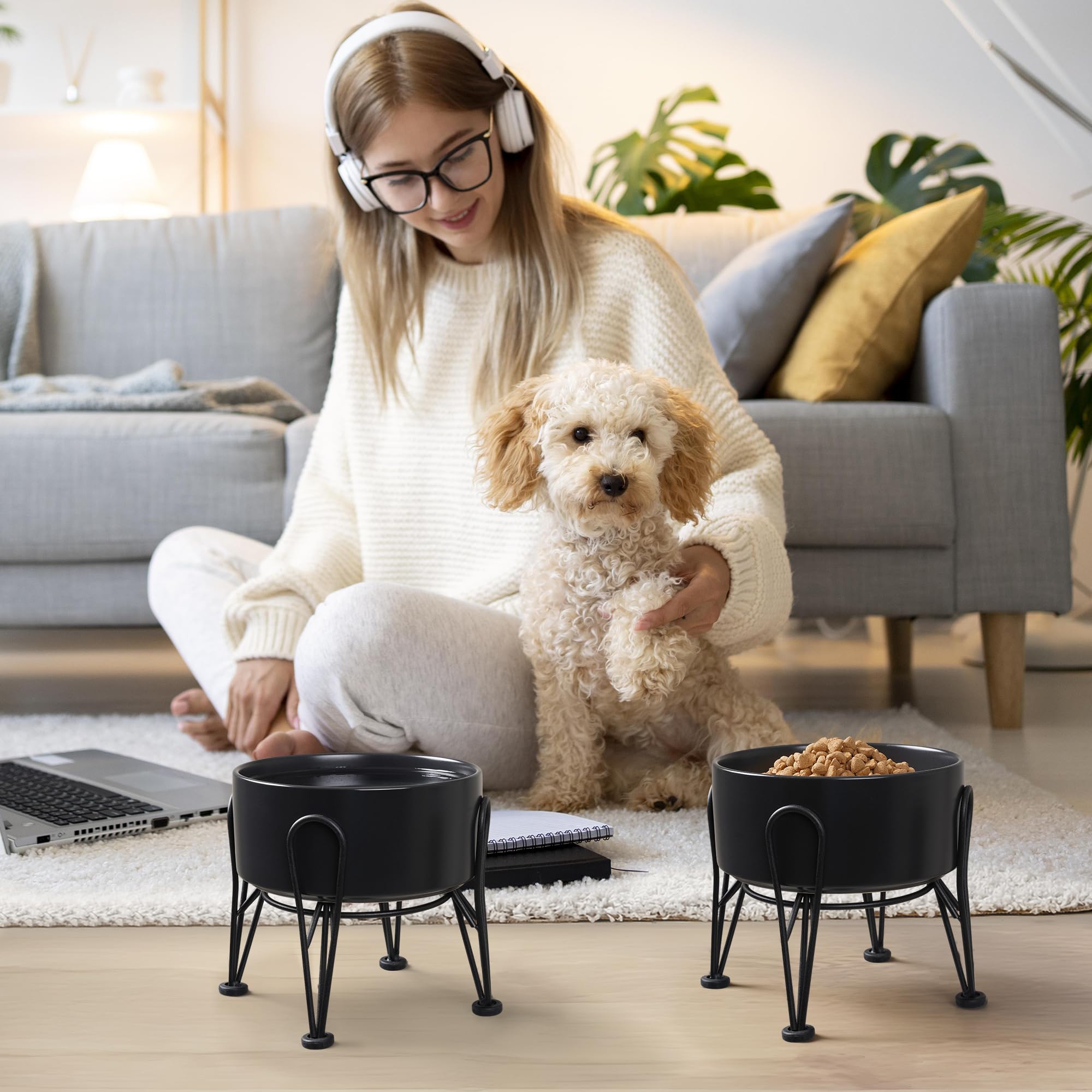 Two-bowl setup in use by a small dog for balanced feeding.