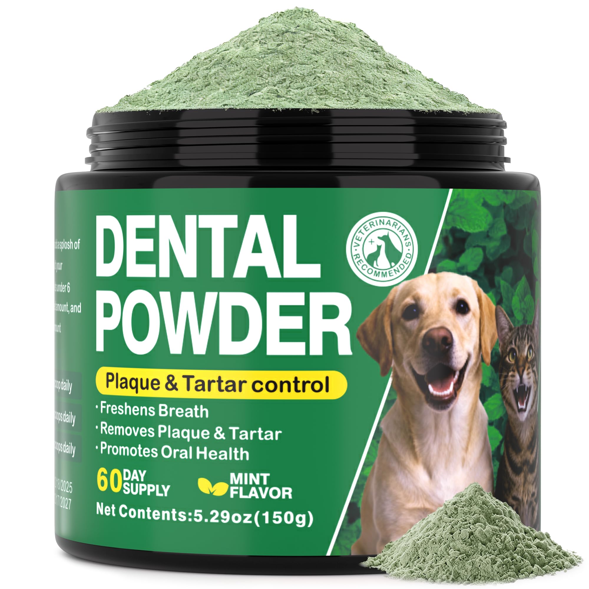 Kiuquty dog dental powder 150g packaging showing two-month supply for pets.