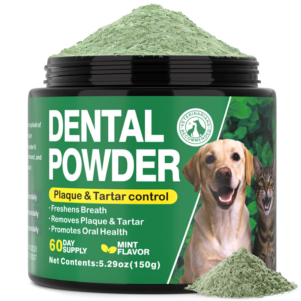 Kiuquty dog dental powder 150g packaging showing two-month supply for pets.