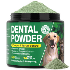 Kiuquty dog dental powder 150g packaging showing two-month supply for pets.