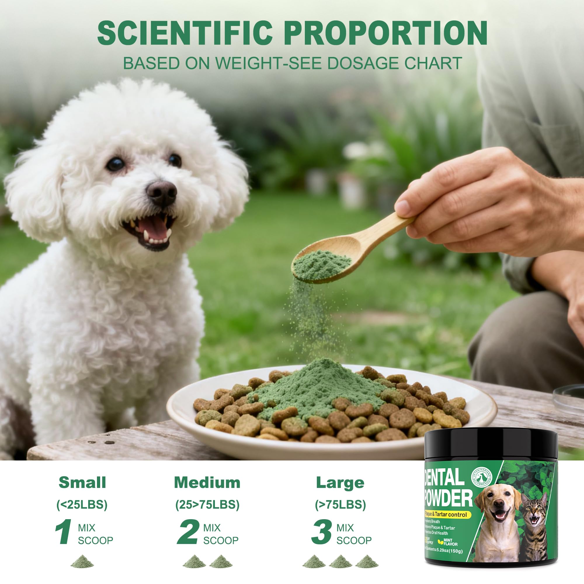 Kiuquty dog dental powder with green tea and mint for odor control.